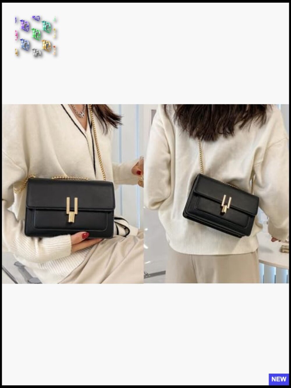 Quilted Vegan Leather Crossbody Bag Gold Chain Strap Convertible Shoulder Purse - Picture 3 of 7